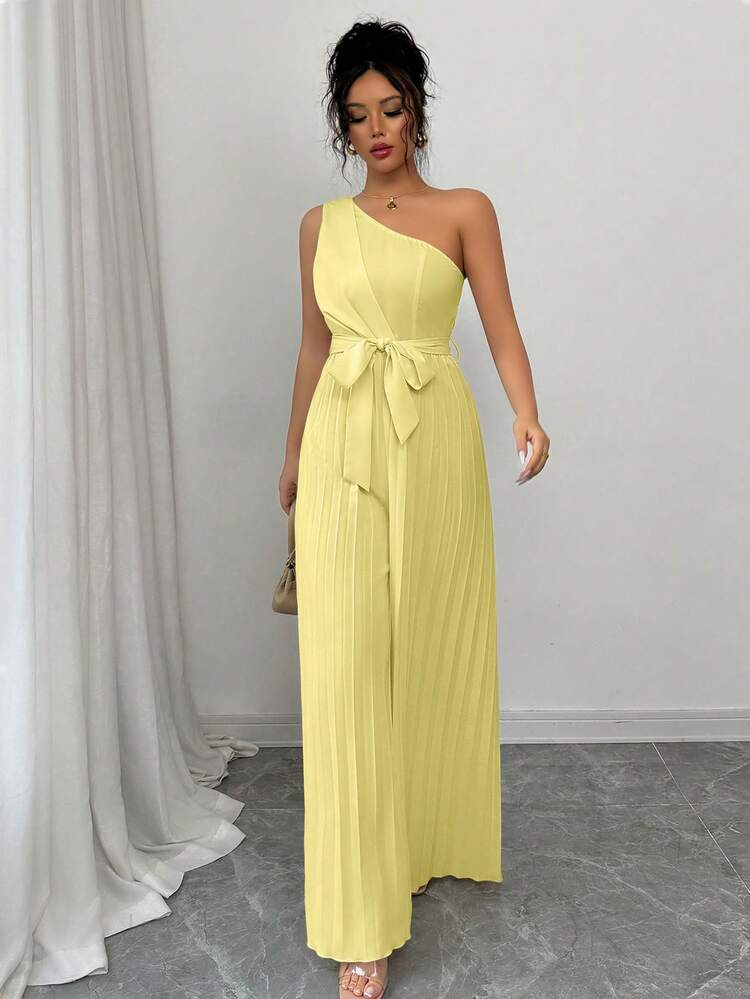 Elenzga Mono elegante de unicolor con cintura fruncida para mujer - Amarillo claro - Añade 6