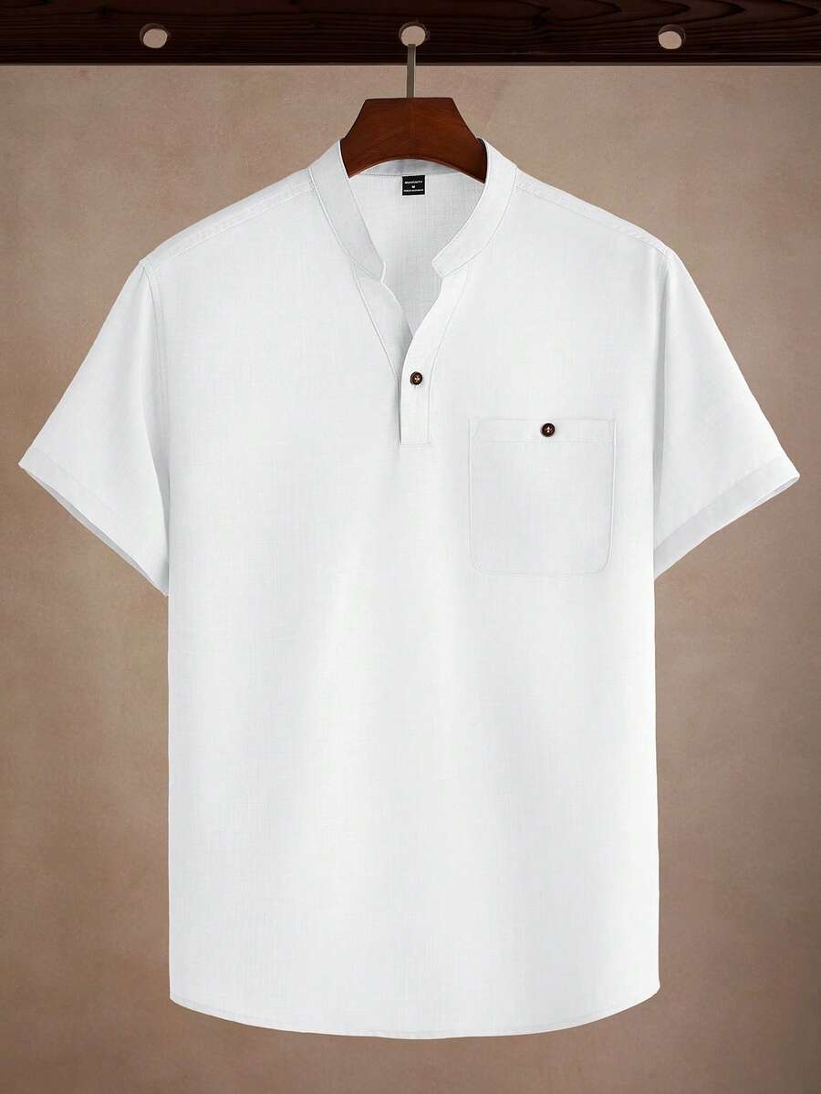 Manfinity Homme Áo sơ mi nam dáng rộng, màu trơn, cổ chữ V, có túi, kiểu dáng patchwork, không kèm dây chuyền. - trắng - Xem 1