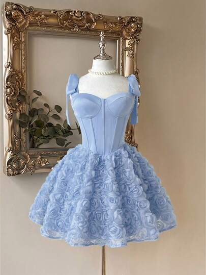 Lovelzi Elegante, romántico y de moda vestido de satén azul sin tirantes con cola de sirena, decoración floral 3D y volantes en el bajo, adecuado para cóctel, boda, graduación, vacaciones, té de la tarde, gala