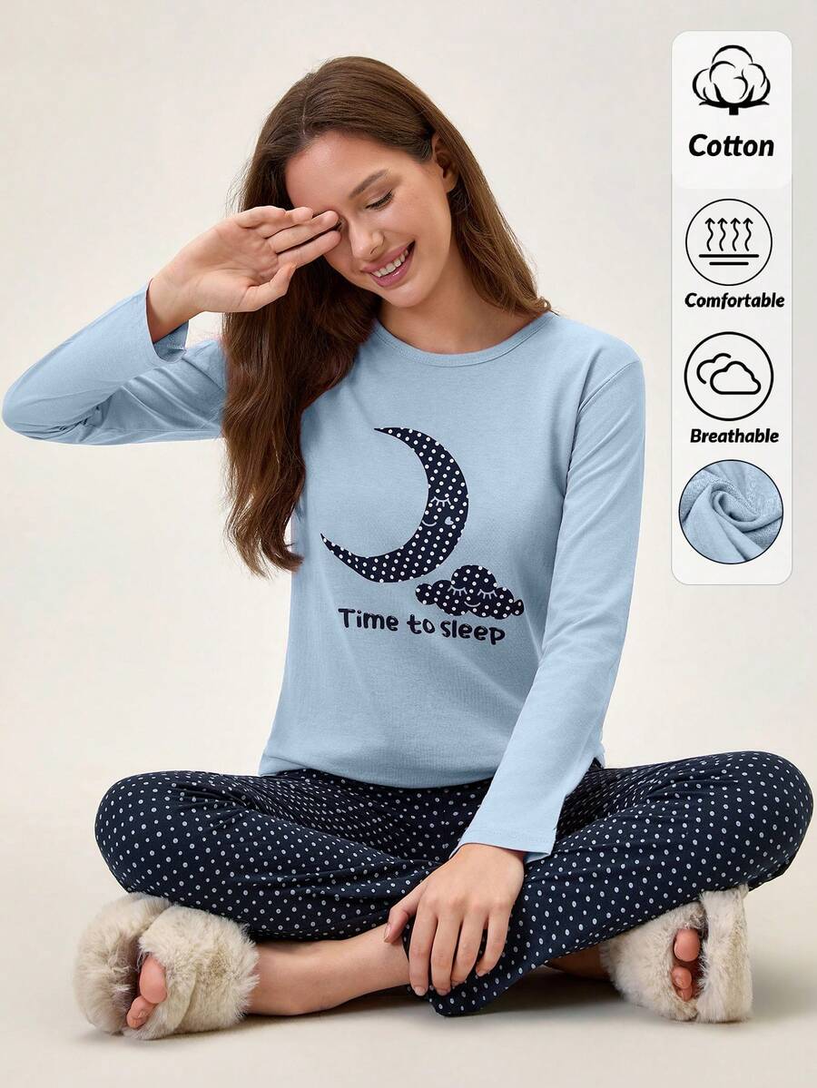 Loomlin 2pcs Cotton Contrast Colour Moon Printed Shirt And Star Printed Sleep Bottom PJ Set - Baby Blue - View 1