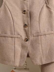 SHEIN Young Girl Commuter Casual Solid Woven Sleeveless Crew Neck Top And Straight Leg Pants Set, French Chic Elegant Formal - Khaki - View 3