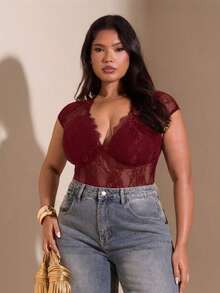 SHEIN BAE 大码女式深V领褶皱连体衣 - 酒紅色 - 查看 3