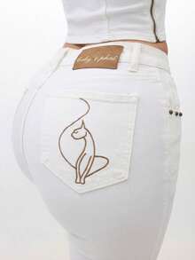 BABYPHAT Women's White Stretch Denim Capri Jeans With Turn Up Hem Cuffs And Cat Embroidery Detail High Rise Cropped Summer Pants - White - View 1