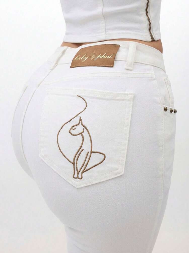 BABYPHAT Women's White Stretch Denim Capri Jeans With Turn Up Hem Cuffs And Cat Embroidery Detail High Rise Cropped Summer Pants