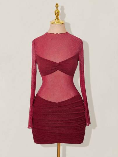 SHEIN ICON 亮面网纱拼接透视褶皱长袖迷你连衣裙