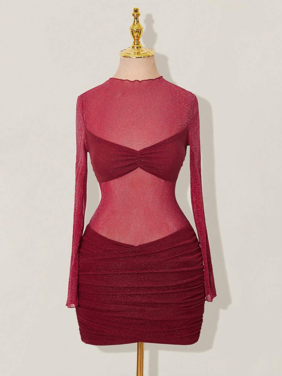 SHEIN ICON 亮面网纱拼接透视褶皱长袖迷你连衣裙 - 紅色 - 查看 1