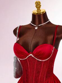 Amplova Sexy Party Women's Contrast Lace Ruffle Hem Spaghetti Strap Mini Dress - Burgundy - View 1