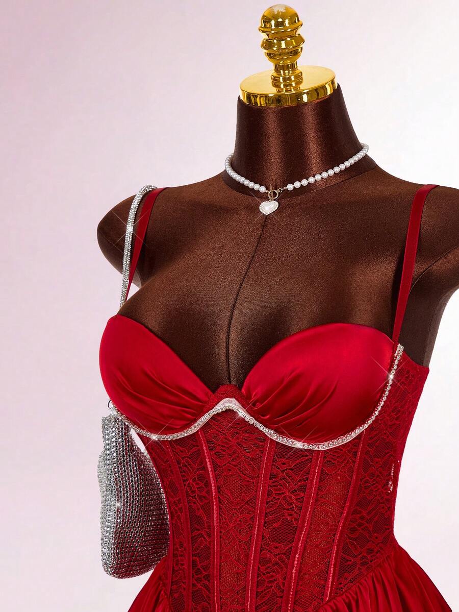 Amplova Sexy Party Women's Contrast Lace Ruffle Hem Spaghetti Strap Mini Dress - Burgundy - View 1