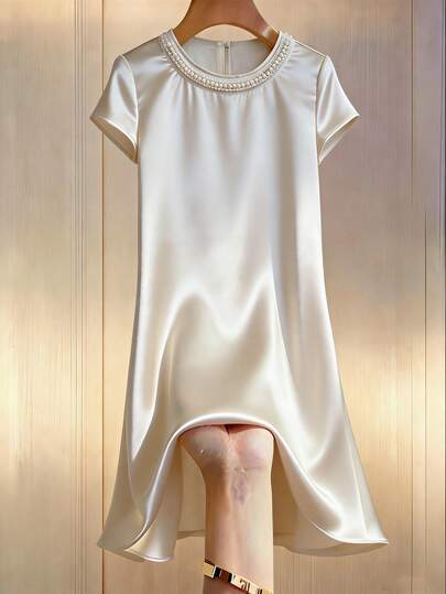 GlowEve 女士优雅缎面圆领珍珠拼接直筒迷你连衣裙，春夏款