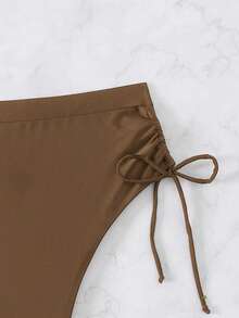 Swim Chiccia Quần bikini nữ màu trơn có dây rút bên hông và nhún bèo - màu nâu - Xem 7