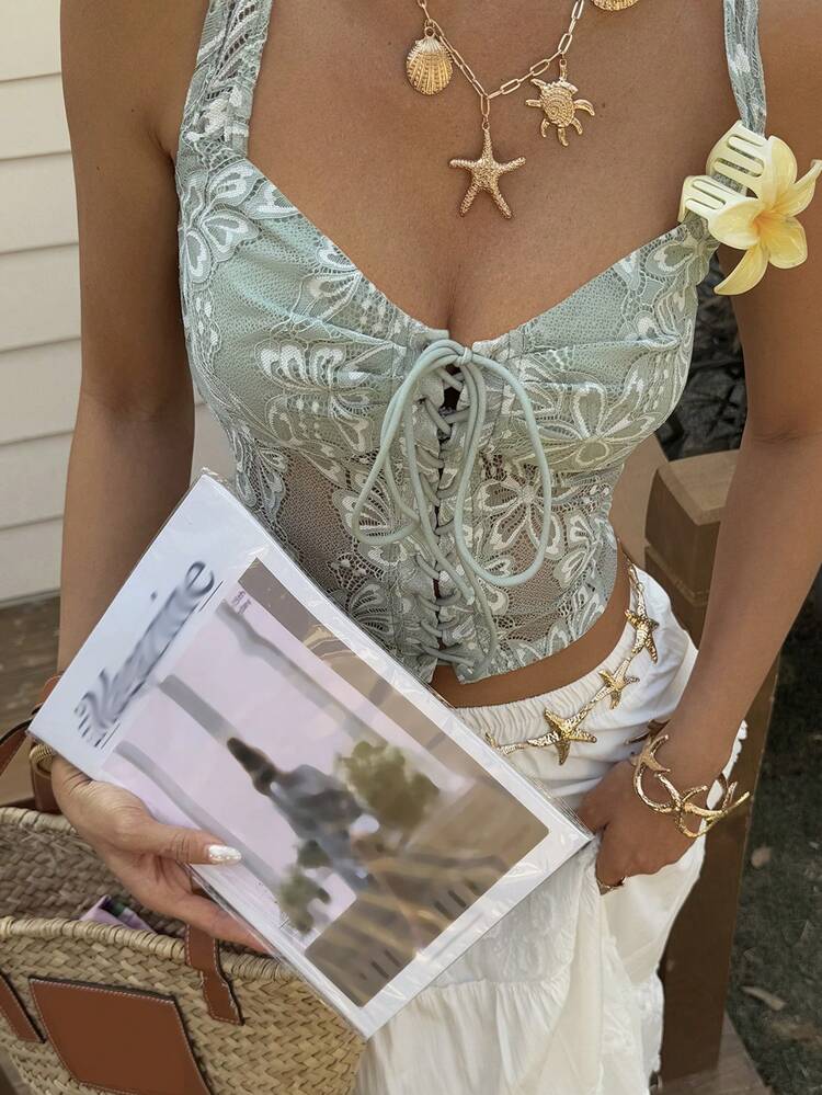 Women's Green Lace Sheer V-Neck Tie Strap Camisole For Beach Holiday Vacation Summer