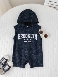 SHEIN 男女宝宝通用款黑色扎染无袖连帽连体衣，男宝宝套装，婴儿连体衣 - 黑色 - 查看 3