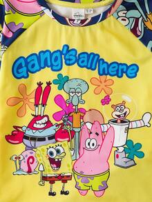 SpongeBob SquarePants | SHEIN 男童字母卡通图案圆领短袖上衣和短裤睡衣套装 - 藍色 - 查看 5