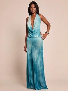 SHEIN BAE Đầm ôm sát màu xanh dương trơn, hở lưng, dây mảnh, kiểu dáng thanh lịch cho kỳ nghỉ biển, đầm dài hở lưng, thích hợp cho mùa xuân/hè, phong cách bohemian, đầm ôm sát. - Màu xanh lam - Xem 3