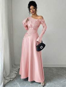 Modelyn 女士秋季棕色性感不对称肩部网纱刺绣长袖高腰A字连衣裙 - 粉色 - 查看 6