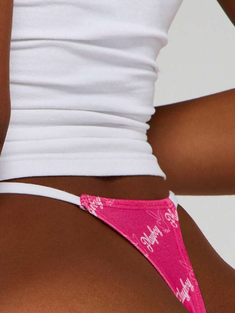 Missguided x Playboy Logo Print Thong Brief Underwear With Contrast Straps All Over Pattern Design Intimate Apparel Lingerie Bottom