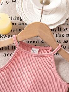 SHEIN 女婴可爱夏季粉色针织吊带背心和喇叭裤套装 - 彩色 - 查看 4