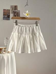 Elamini Chân váy xếp ly ngắn cạp thấp có dây rút, thêu lỗ khuy dành cho nữ - trắng - Xem 2