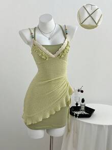 Elamini 女士休闲深V领荷叶边镂空不规则荷叶边下摆抽绳系带连衣裙 - 綠色 - 查看 5