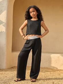 Tween Girls' Casual Vacation Style Relaxed Linen-Like Fabric Sleeveless Top & Wide Leg Pants Set, Black & White Contrast Waist Design, Suitable For Beach Travel And Everyday Wear - Black and White - View 4