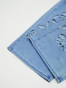 GlowEve 女士休闲水洗镂空花卉刺绣阔腿牛仔裤 - 藍色 - 查看 6