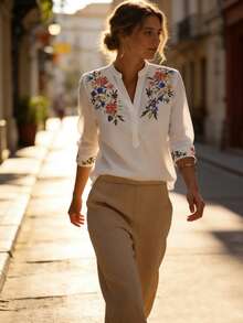 Balvessa Casual Split Collar Retro Print Women Shirt - White - View 4