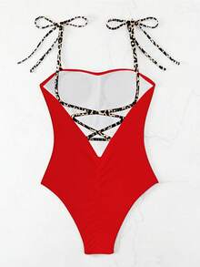 Swim Vcay Traje de baño de una pieza con tirantes finos y estampado de leopardo, ajustado con color contrastante para la playa - Multicolor - Ver 2