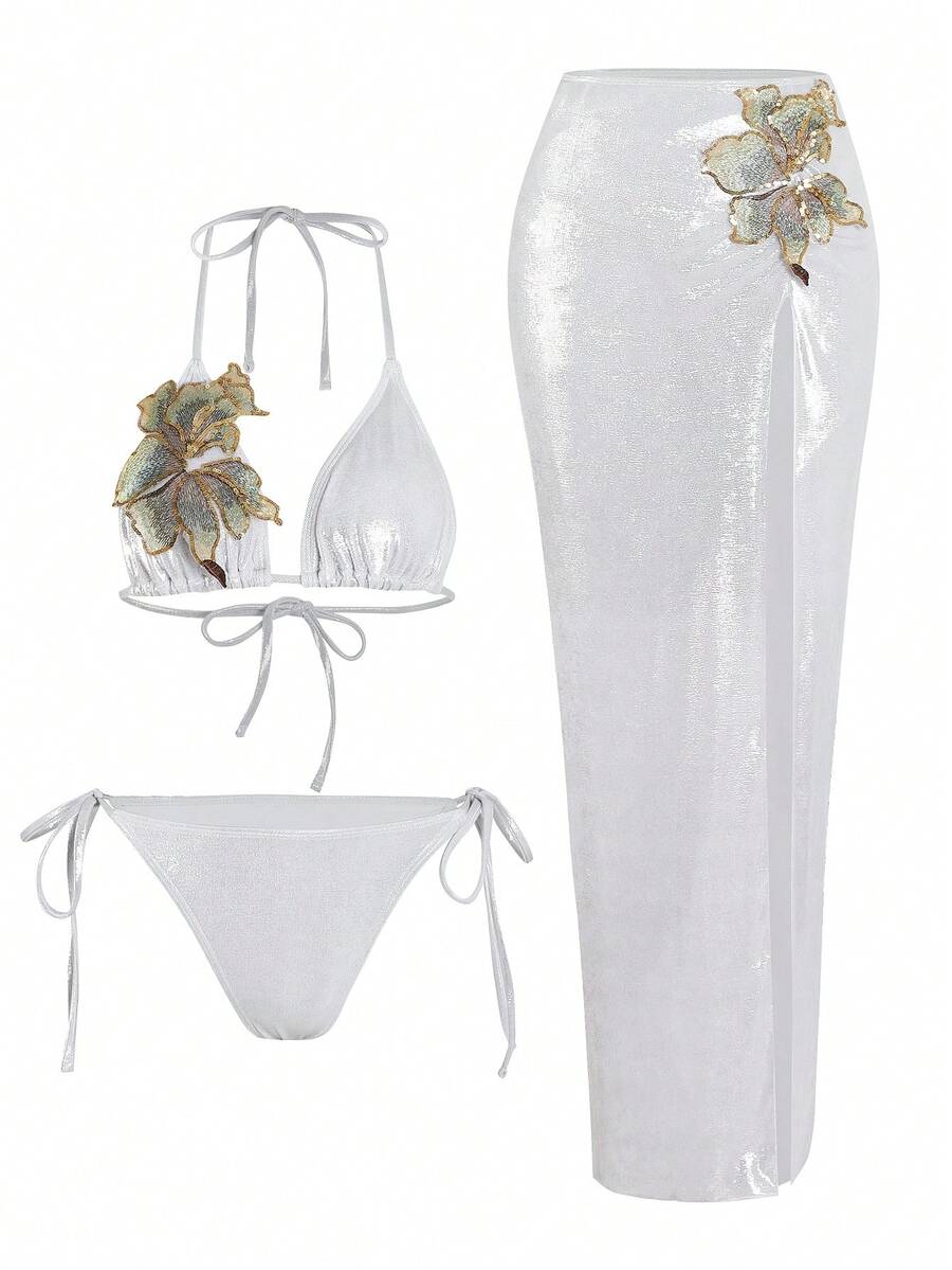 Swim Oasis 3pcs/Set Summer New High-End Shiny Fabric Sequin Embroidery Floral Triangle Bikini Push-Up Swimwear For Women - White - View 1
