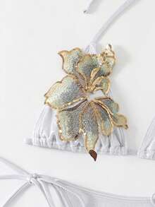 Swim Oasis 3pcs/Set Summer New High-End Shiny Fabric Sequin Embroidery Floral Triangle Bikini Push-Up Swimwear For Women - White - View 3
