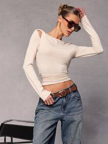 Hauture 休闲纯色扭结不对称设计长袖上衣 - 杏色 - 查看 1