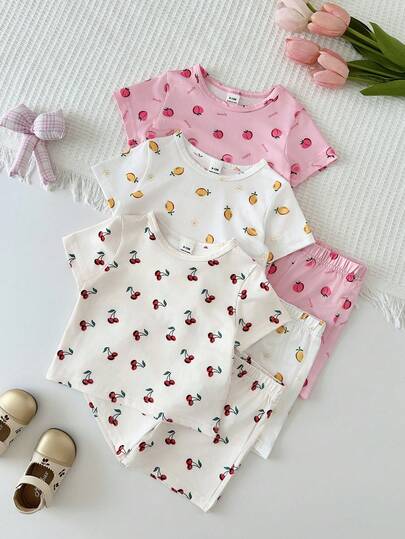 SHEIN 6件套女婴休闲可爱舒适冰淇淋标语印花短袖上衣和短裤套装，适合春夏外出和日常穿着