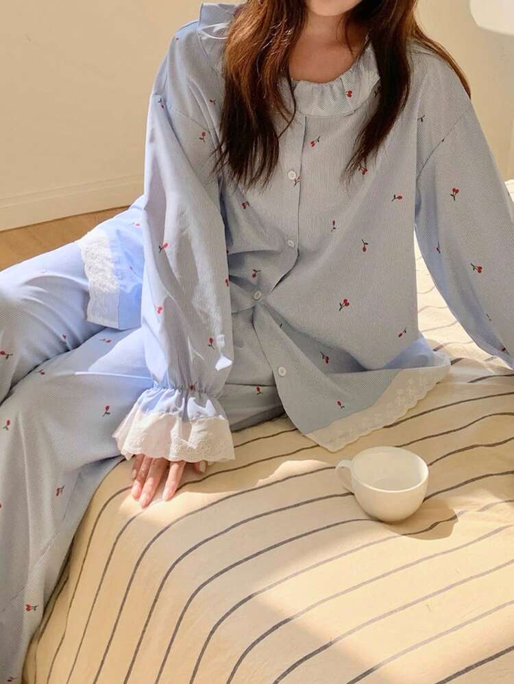 Dazy Plus 2pcs Cherry Pattern Patchwork Lace Collar Loose Casual Top And Long Pants Pajama Set, Plus Size Women Sleepwear