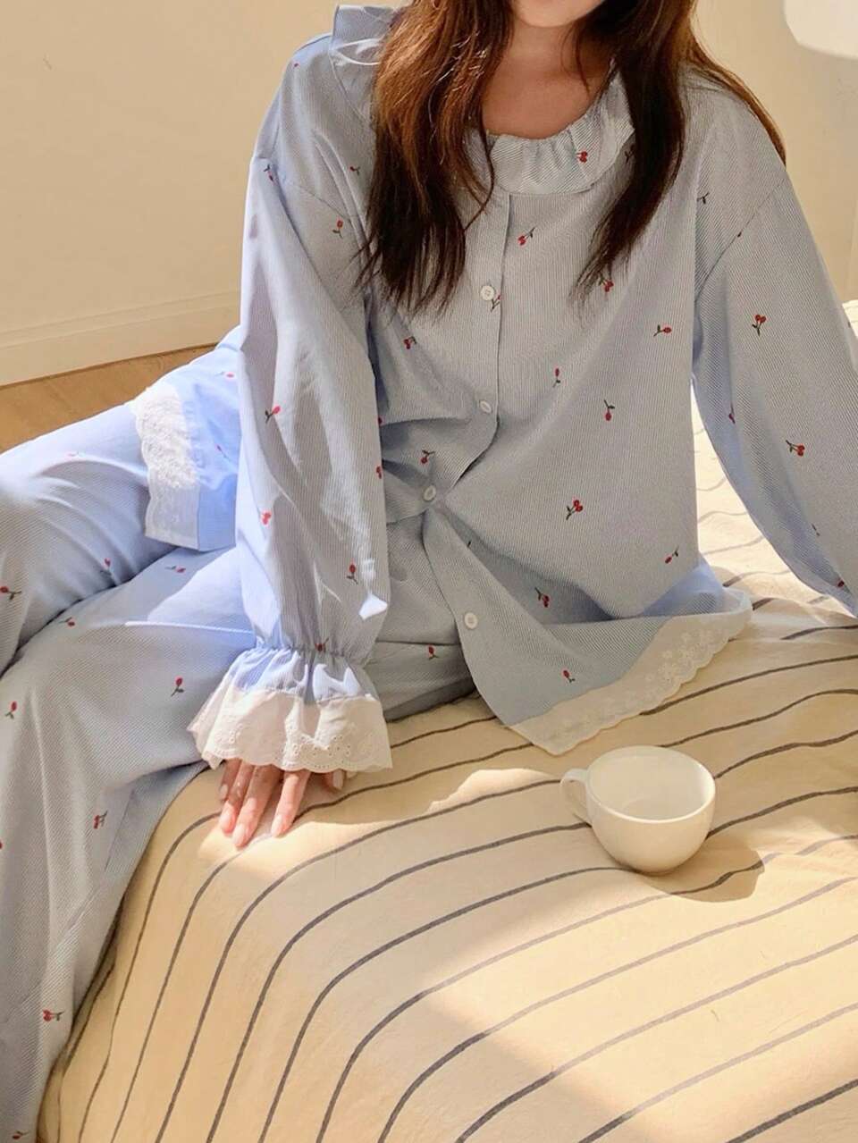 Dazy Plus 2pcs Cherry Pattern Patchwork Lace Collar Loose Casual Top And Long Pants Pajama Set, Plus Size Women Sleepwear