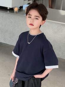 DAZY 男童撞色滚边圆领休闲宽松T恤 - 藏蓝色 - 查看 4