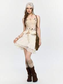 ROMWE Fairycore 蕾丝拼接褶皱不对称纽扣性感女式背心 - 米色 - 查看 5