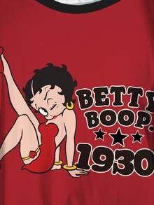 Betty Boop x SHEIN Plus Size Letter & Cartoon Figure Graphic Round Neck Short Sleeve T-Shirt - White - View 4