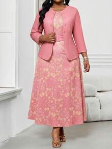 SHEIN Lady 2件套加大码女式商务抽象波浪印花简约圆领系带度假中长连衣裙套装外出穿搭两件套 - 粉色 - 查看 4