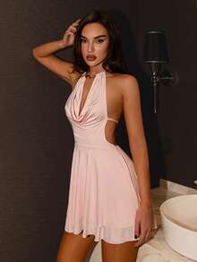 SHEIN Glamour 粉色露背无袖性感吊带露背迷你连衣裙，街头风，女士夜店装，约会装，女士生日装，尽显优雅气质，派对必备，圣诞装，情人节装，新年装 - 粉色 - 查看 3