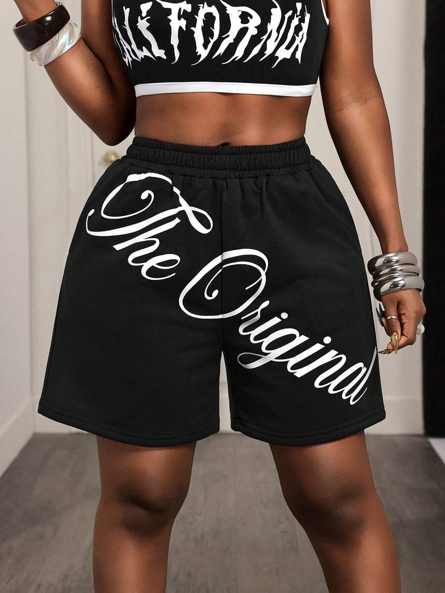 BamGleam Pantalones cortos casuales de mujer con estampado de letras, cintura elástica y bolsillos en diagonal - Negro - Ver 1