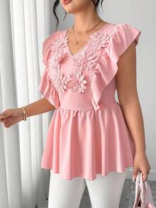 Elenzga 大码女式春夏印花V领收腰喇叭下摆休闲衬衫，优雅女式上衣，适合新年聚会、派对、度假、海滩、毕业典礼、节日、情人节、音乐节、母亲节、万圣节、感恩节、复活节、国庆节、舞会、约会、婚礼、郊游等场合。粉色女式衬衫，优雅粉色印花上衣，娃娃衫式上衣，粉色荷叶边上衣，女士粉色 - 粉色 - 查看 5