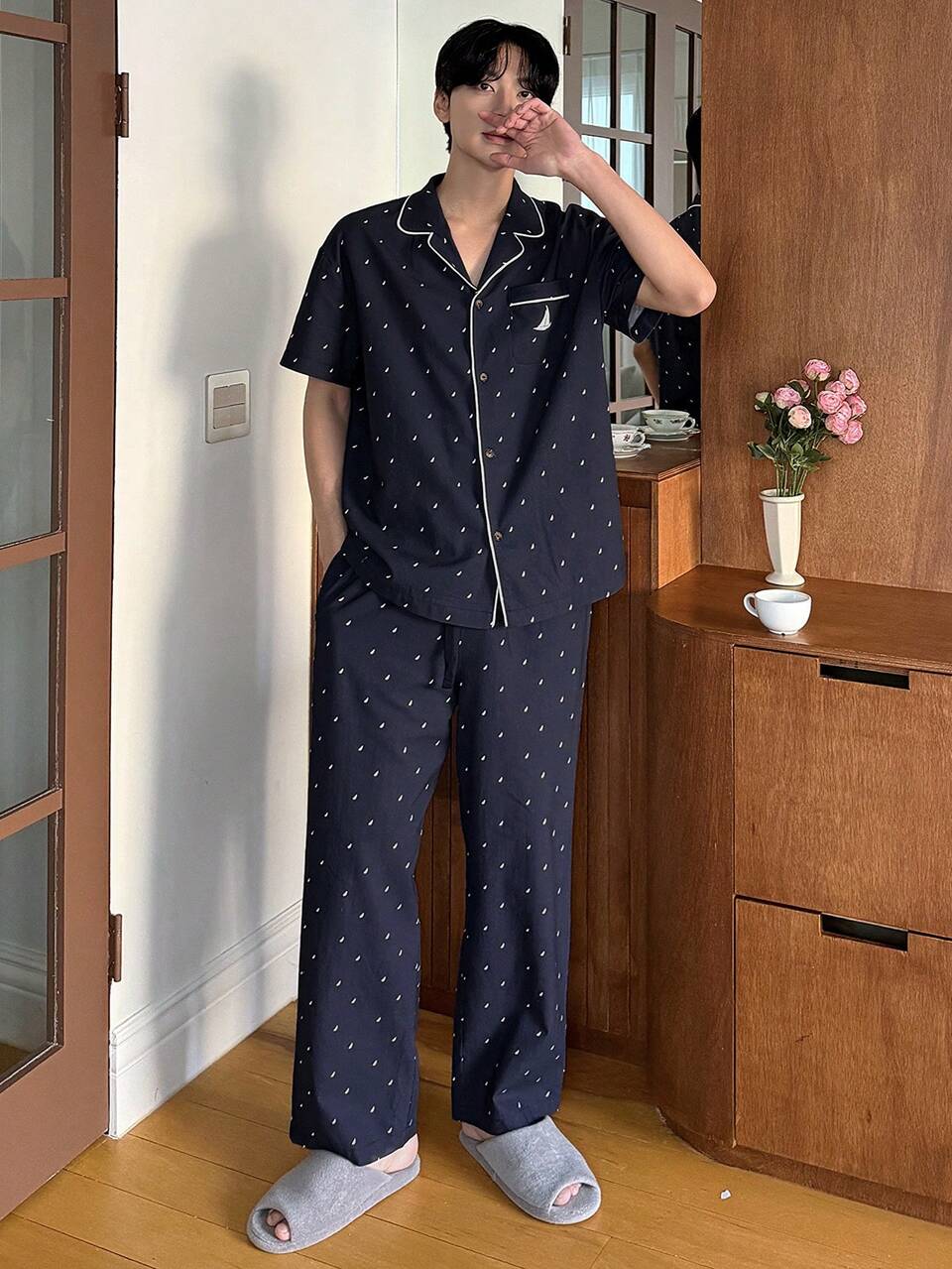 Men's Polka Dot Floral Print Shirt And Pants Pajama Set, Spring/Summer