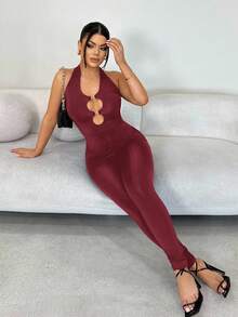 SHEIN SXY 纯色露背吊带无袖连体裤，通勤必备 - 酒紅色 - 查看 4