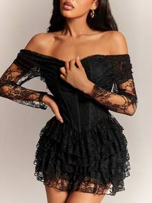 Radiana Women's Sexy, Elegant, Romantic & Cute Black Lace Jumpsuit - Off-Shoulder, Long Sleeve, Bodycon, Waist-Cinching Jumpsuit. Suitable For Dates, Parties, Birthdays, Cocktail Events, Nightclubs, Weddings, Concerts, Festivals, Holidays, Beach Vacations, Early Spring Wear, Garden Tea - Black - View 1
