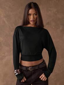 SHEIN BAE Femmes Sexy Mode Rue Décontracté Couleur Unie Drapé Dos Nu Manches Longues T-Shirt Court Noir, Printemps/Été - Noir - Voir 2