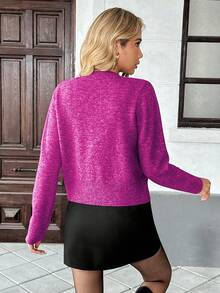 SHEIN Unity 女士长袖蝴蝶结纽扣针织开衫，秋冬款 - 玫紅色 - 查看 2