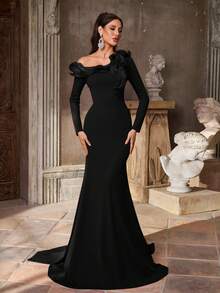 Aureia 优雅、浪漫、端庄、酒红色、弹力面料、欧根纱拼接、多层荷叶边、内置胸罩、鱼尾裙摆、拖地、时尚、节日、生日派对、婚礼、正式晚宴礼服 - 黑色 - 查看 1