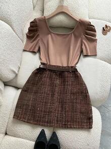 Franclia 方领修身性感罗纹泡泡袖A字格纹收腰装饰半身裙两件套 - 卡其色 - 查看 3