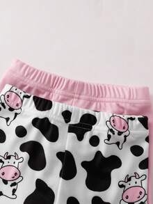 SHEIN Conjunto de 4 piezas de ropa interior para bebé niña con estampado de vaca de dibujos animados, top de manga corta y pantalones cortos - Multicolor - Ver 4