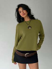 Aloruh Kaos Wanita Kasual Warna Polos Kerah Bulat Pas Badan, Kaos Patchwork Renda Manis - Hijau Tentara - View 6