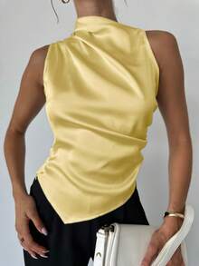 Firerie 女士简约优雅时尚办公室白色无袖褶皱领尖下摆缎面衬衫 - 鵝黃色 - 查看 2